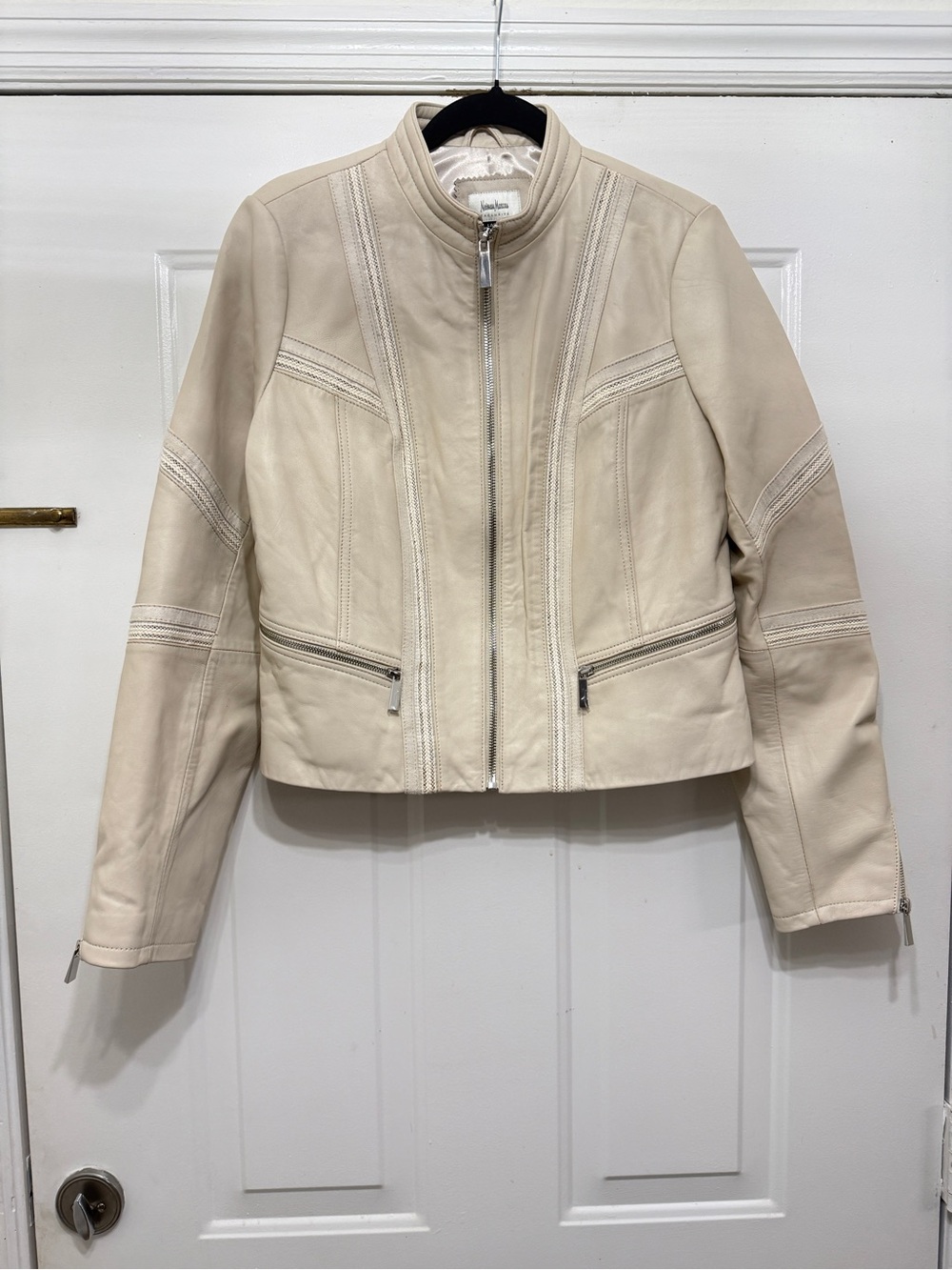 Neiman Marcus Exclusive 100% Leather Biker Moto Jacket Cream L Premium Condition